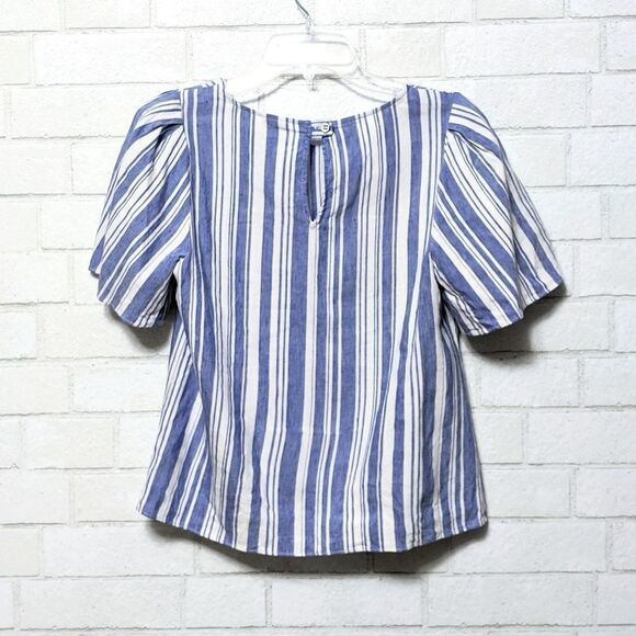 CABI Blue White Linen Striped Puff Sleeve Top XS - Picture 6 of 9